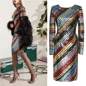 ALCOOLIQUE Peyton Tubolar Black Rainbow Stripe Sequin Mesh Mini Backless Dress 6